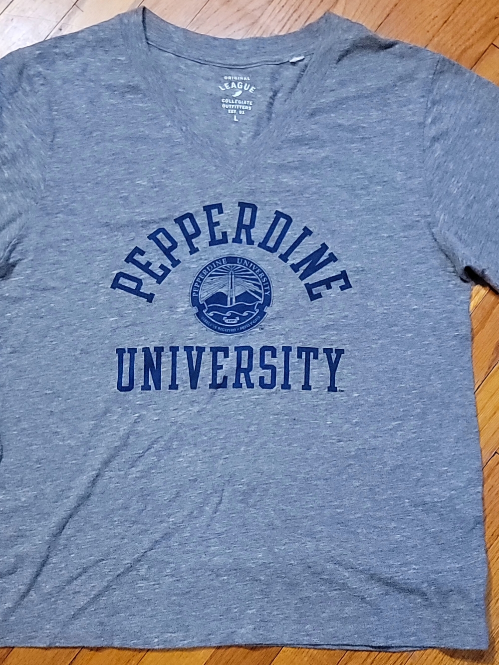 League Gray Tee with Navy Pepperdine University Crest